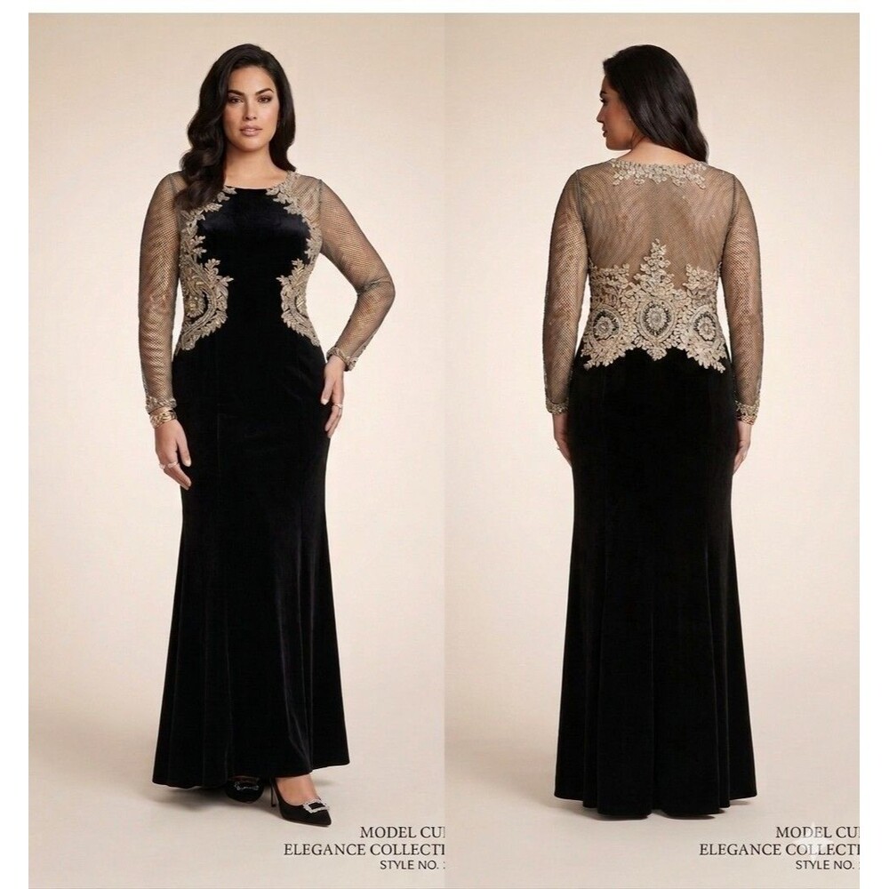 ​NWT Xscape Black Velvet Evening Gown Size 14 Gold Lace Mesh Long Sleeve Formal